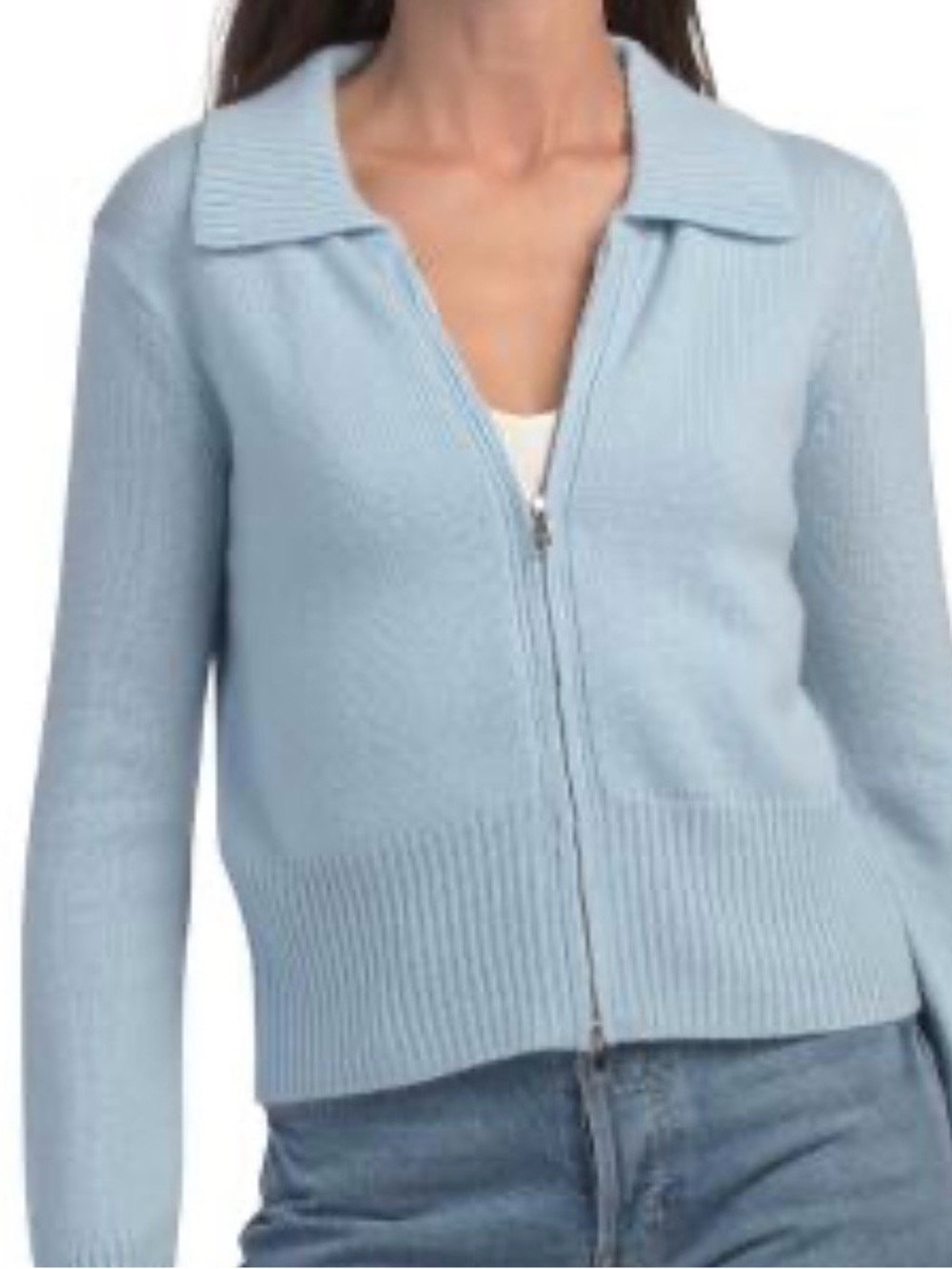 NWT Light Blue Crop Zipper Cardigan Collared Women's Cashmere Designer Sweater